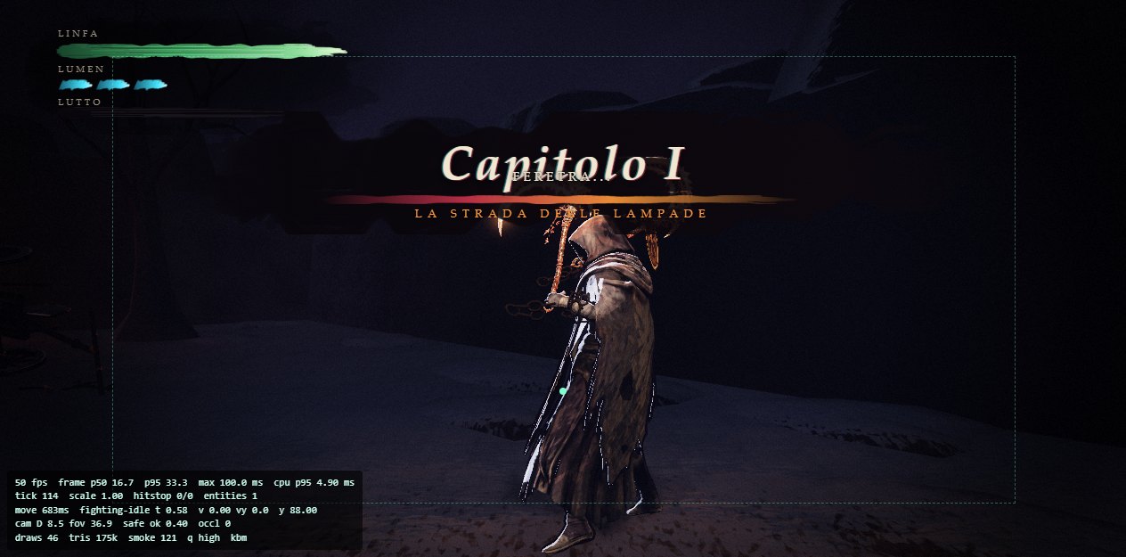 Il protagonista con il bastone-lanterna sotto il titolo «Capitolo I — La Strada delle Lampade»
