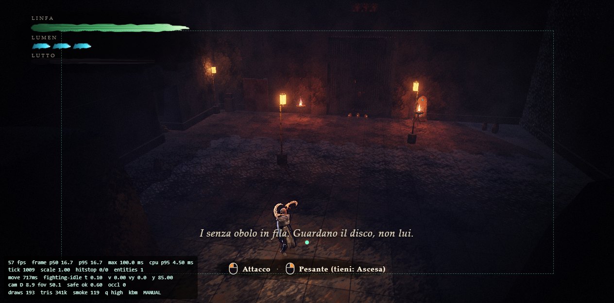 Un cortile illuminato dalle torce davanti a una porta, con la frase «I senza obolo in fila»