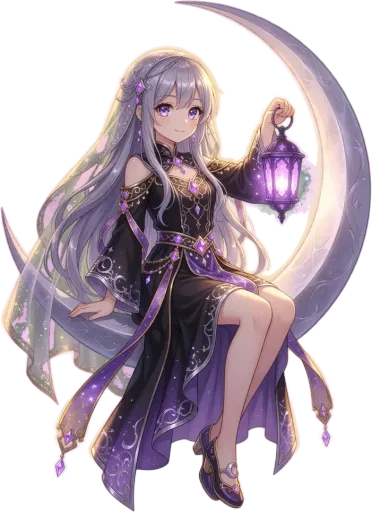 Selene, a silver-haired priestess sitting on a crescent moon with a violet lantern