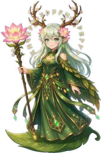 Sylvara, a druid with antlers and a gown of leaves, holding a staff topped with a lotus