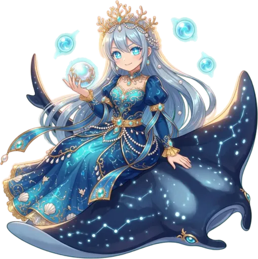 Thalassa, queen of the seas in a starry blue gown, riding a manta ray and holding a glowing pearl