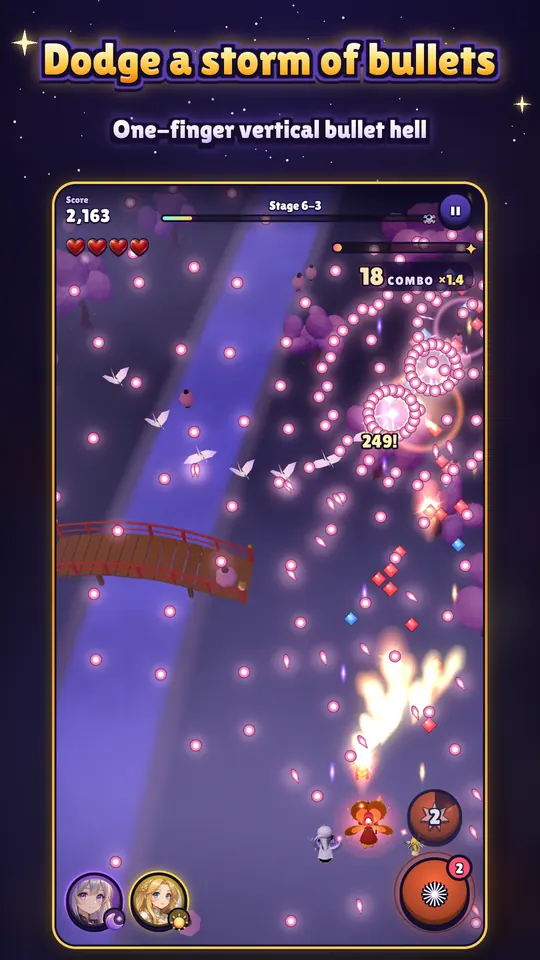Rubina leads the squad through rains of glowing bullets and paper cranes in stage 6-3, Valley of Lanterns.