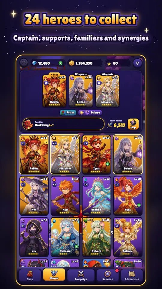 Heroes screen: a squad with a captain and two supports, a familiar, synergies and the illustrated hero collection.