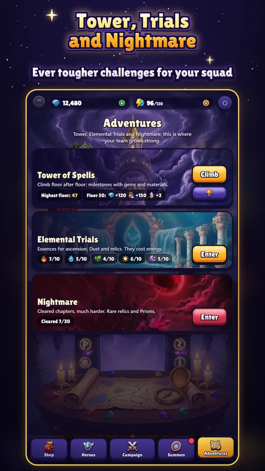 Adventures screen with the Tower of Spells, the Elemental Trials and Nightmare.