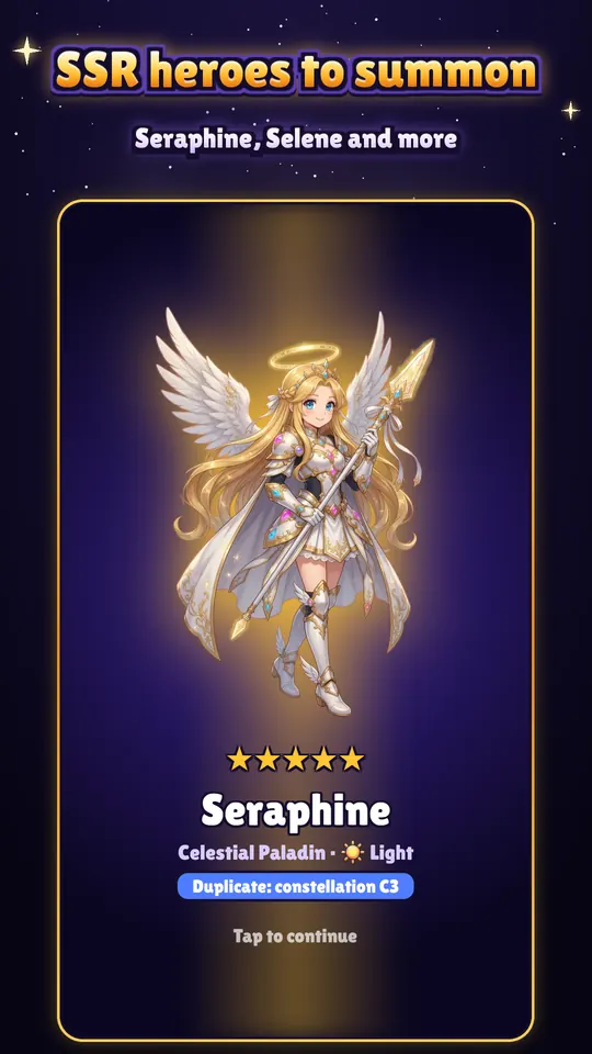 Summon reveal: Seraphine, a Light SSR heroine, shown in her full illustration.