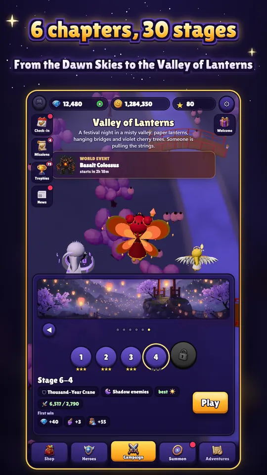 Chapter 6 campaign, Valley of Lanterns, with the squad in flight and the stages to play.