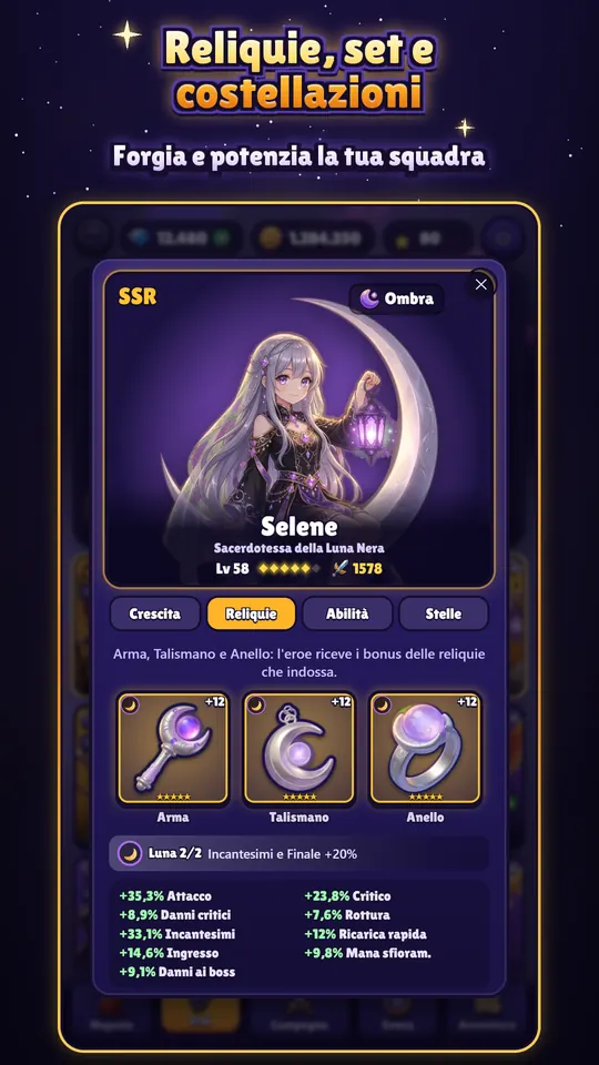 Scheda di Selene con l’illustrazione, le tre reliquie del set Luna e i bonus che danno.