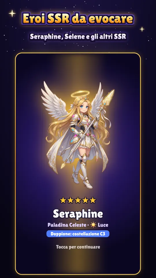 Rivelazione dell’evocazione: Seraphine, eroina SSR di Luce, nella sua illustrazione a figura intera.
