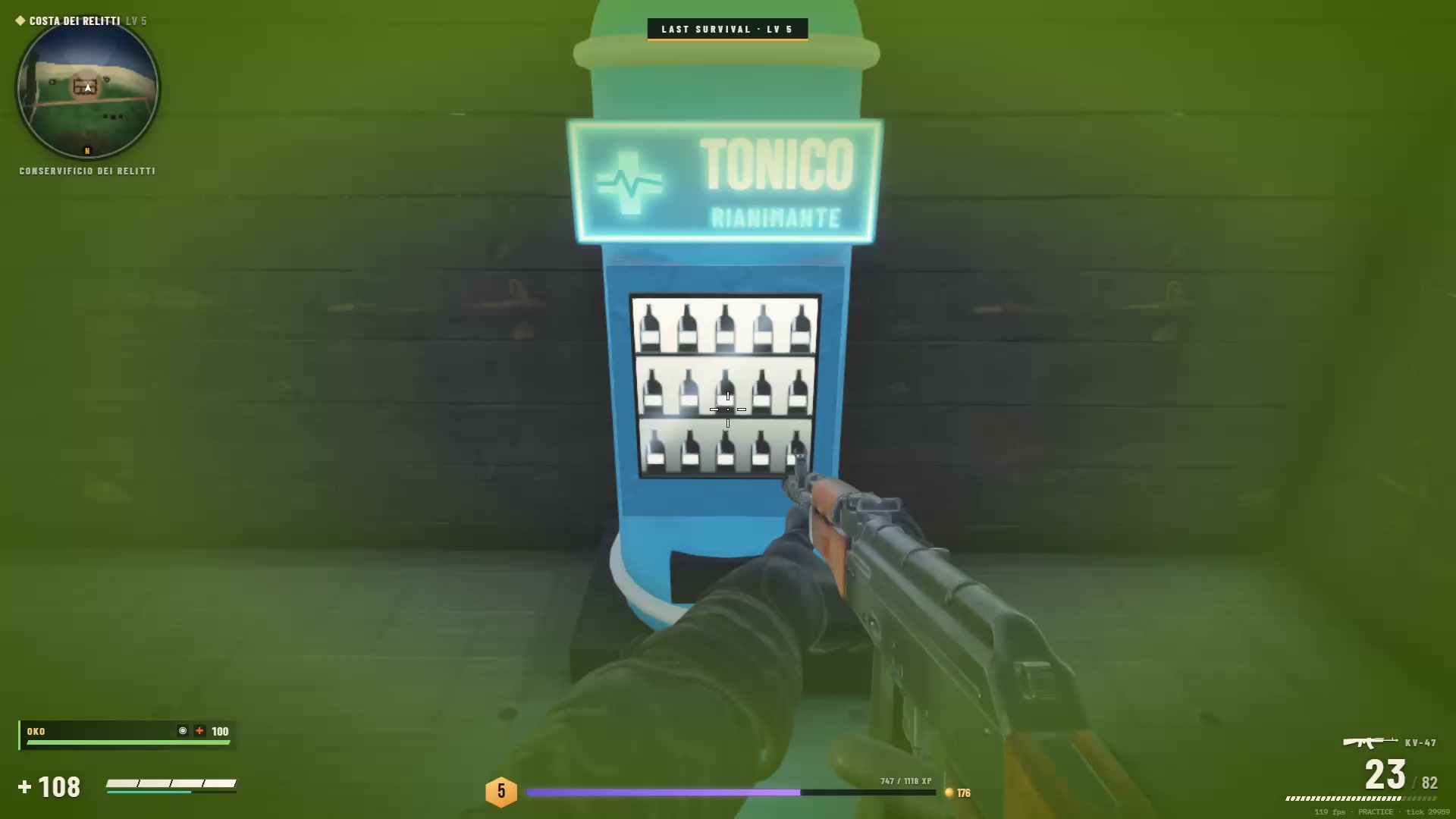Distributore luminoso di Tonico Diamante visto in prima persona, con HUD di gioco