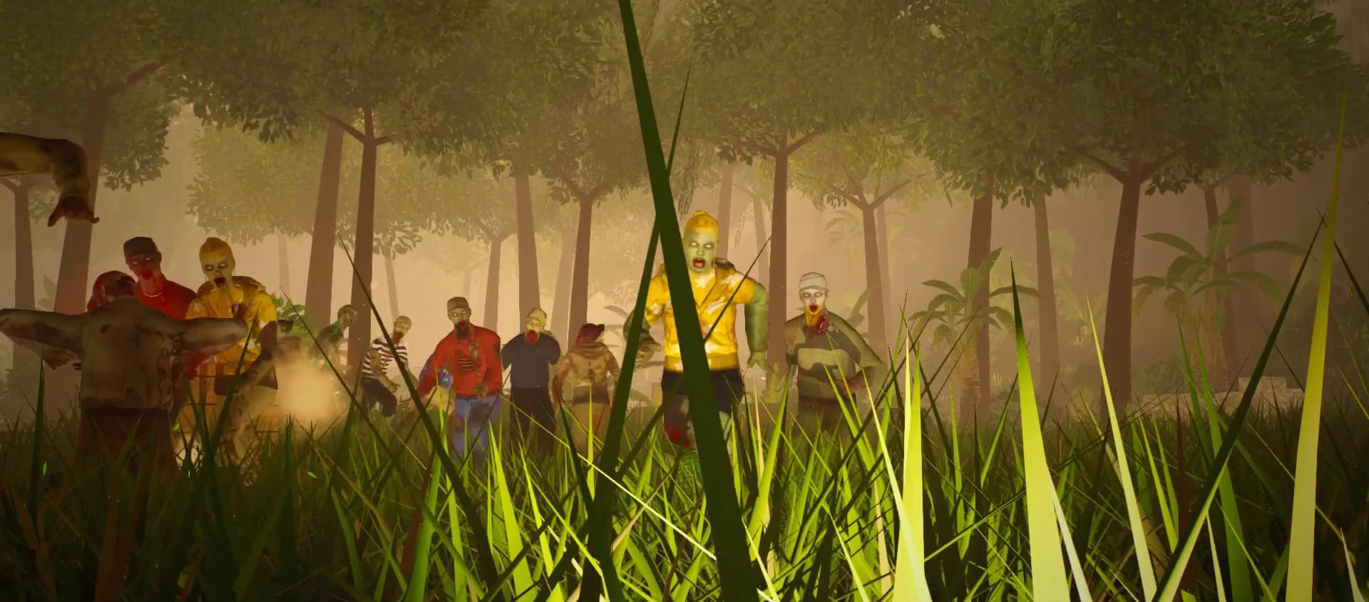Un’orda di zombie avanza nell’erba alta di una foresta assolata