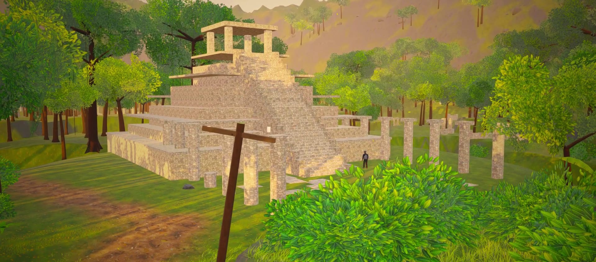Rovine di una piramide a gradoni immersa nella giungla