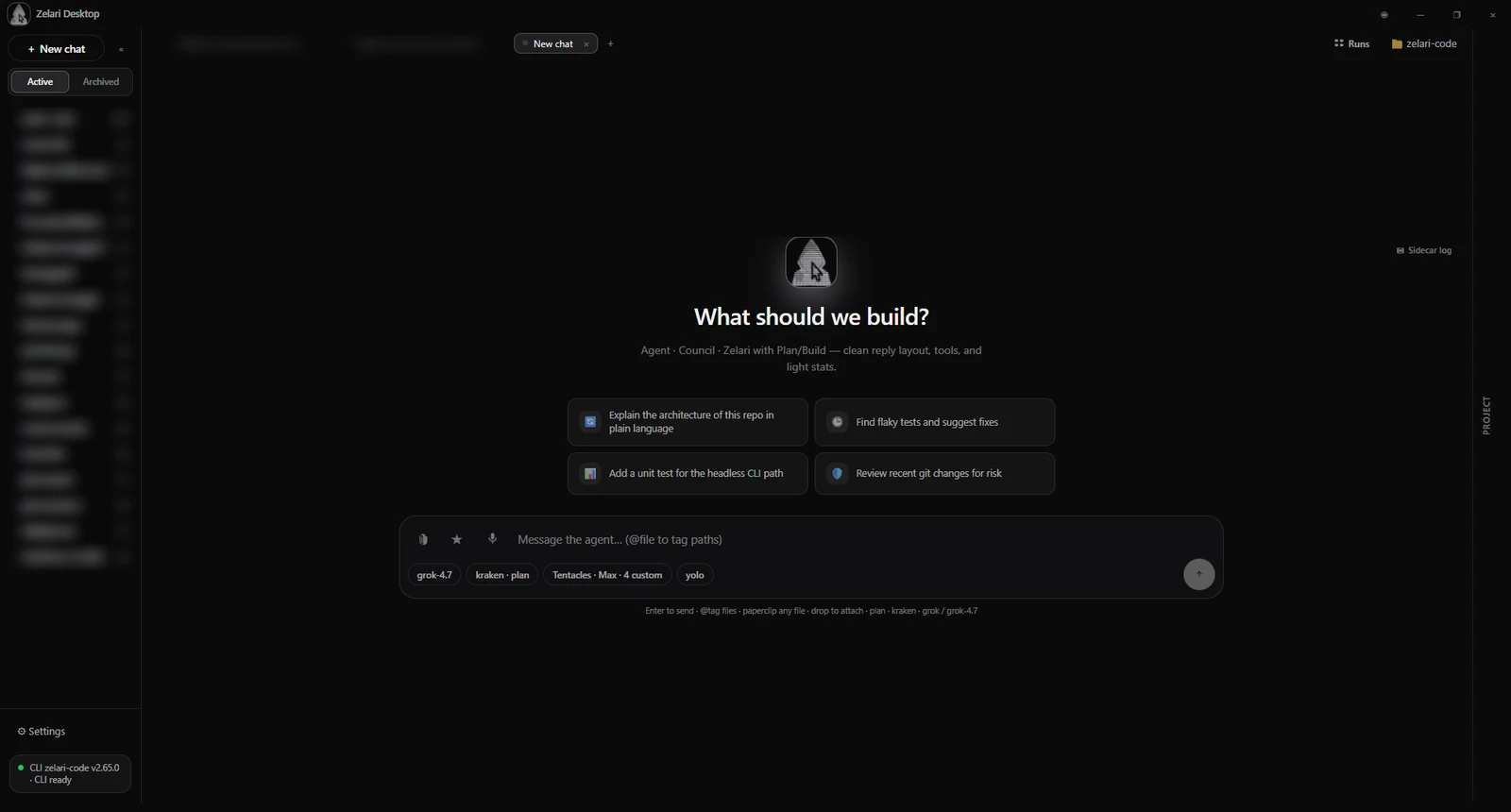 Zelari Desktop 2.65.0: schermata iniziale con il composer e le pill di modello, modalità, tentacoli e permessi
